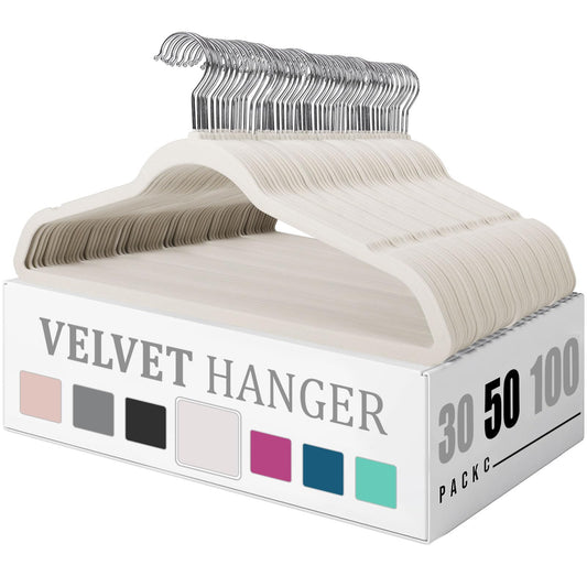Flysums Premium Velvet Hangers 50 Pack, Heavy Duty Study Ivory Hangers for Coats, Pants & Dress Clothes - Non Slip Clothes Hanger Set - Space Saving Felt Hangers for Clothing